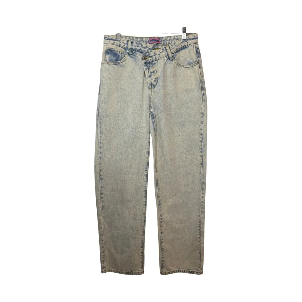 Edikted Asymmetrical Crossover Waist Acid Wash Boyfriend Baggy StraightLeg Jeans